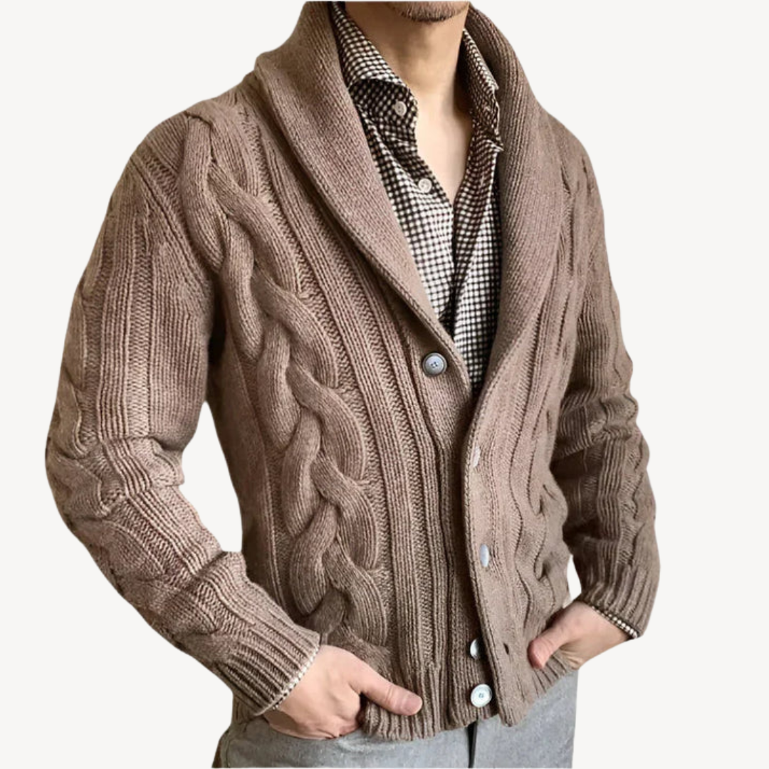 Mens Cable Knit Cardigan with Shawl Collar