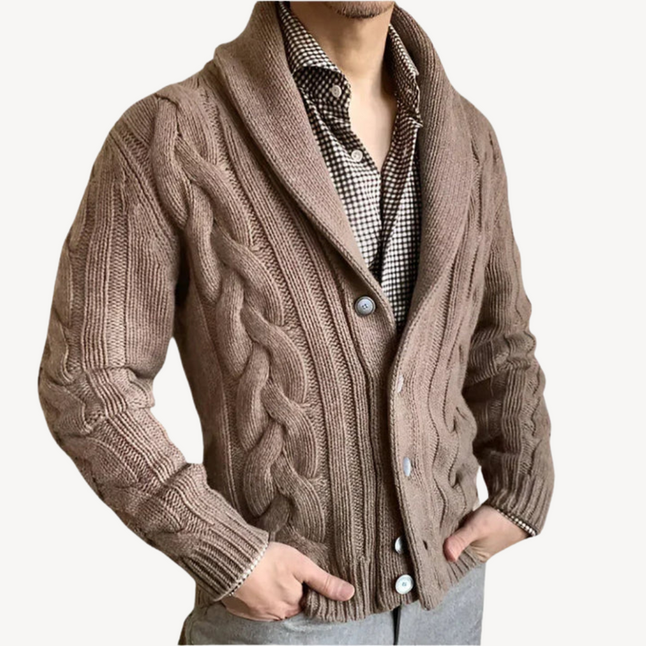 Mens Cable Knit Cardigan with Shawl Collar