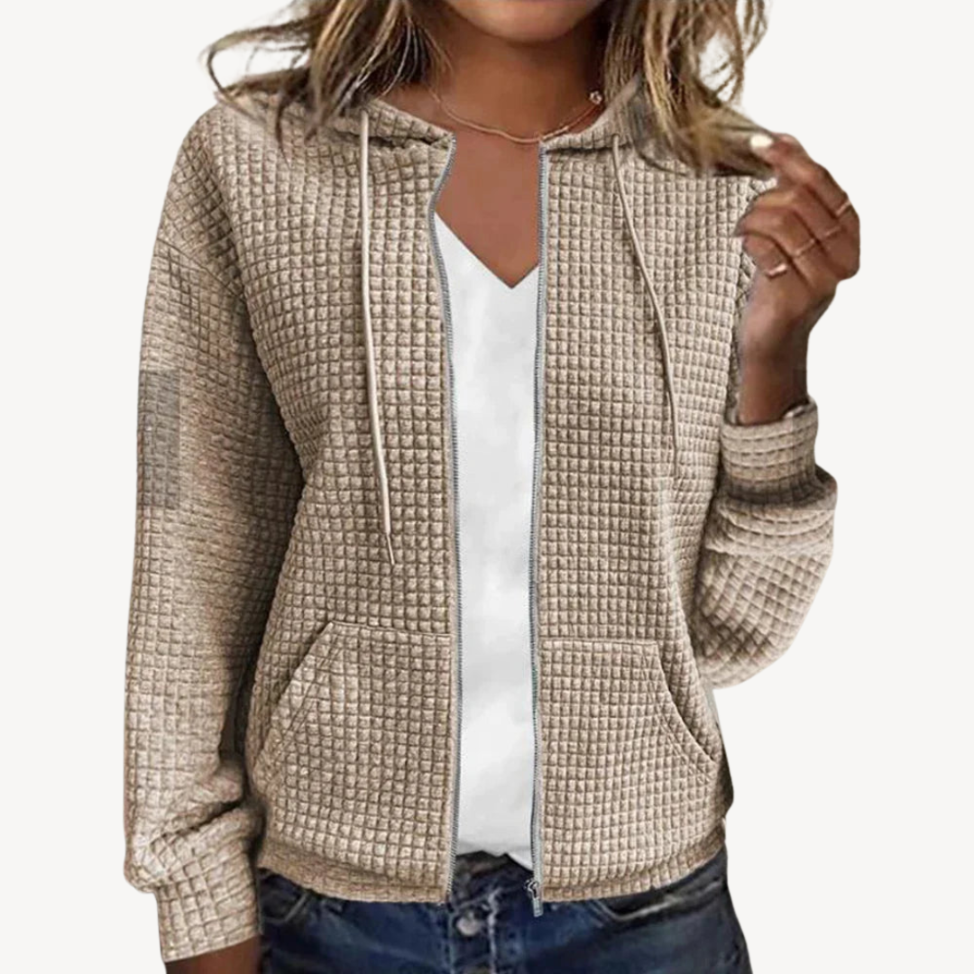 Womens Hoodie Waffle Knit Zipper Front
