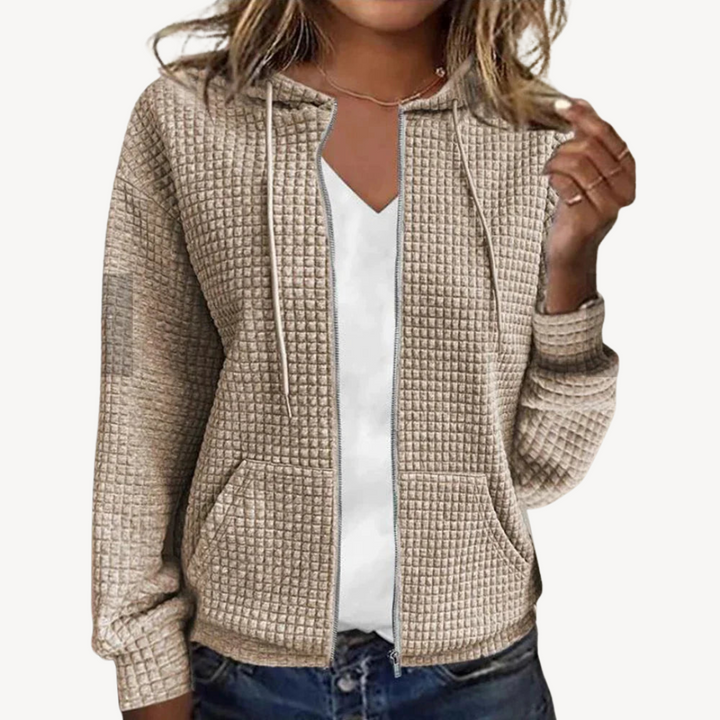 Womens Hoodie Waffle Knit Zipper Front