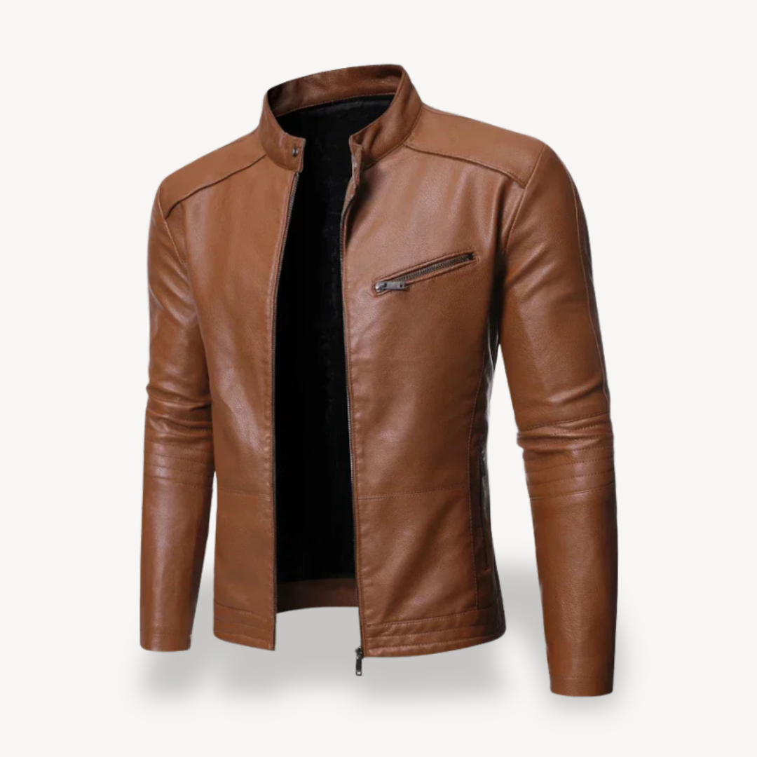 Mens Leather Biker Jacket Zip-Up Casual Fit