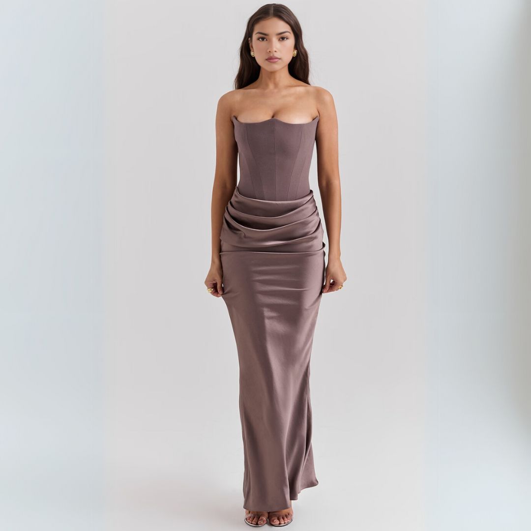 Womens Satin Strapless Corset Maxi Dress