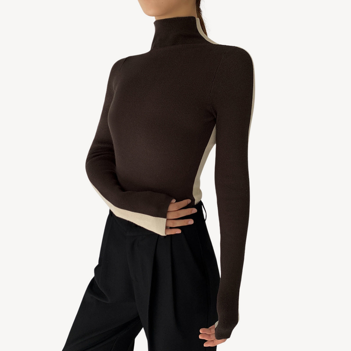 Womens Knit Turtleneck Top Two-Tone Design