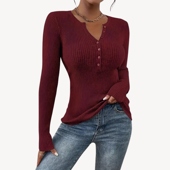 Womens Ribbed Henley Top with Buttons