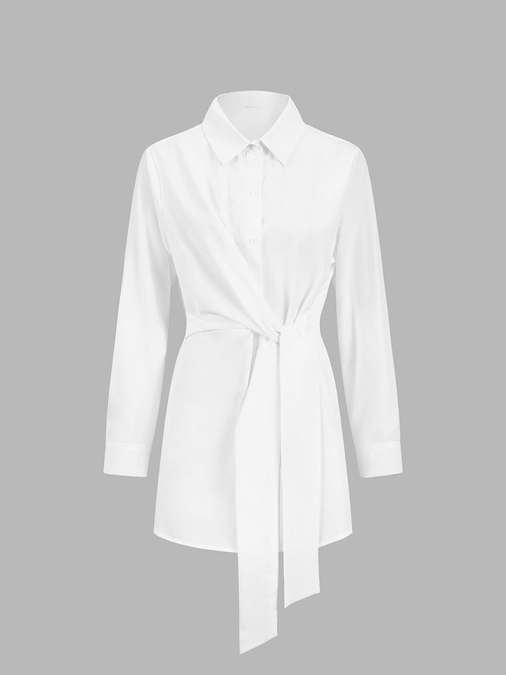 Womens Button-Down Shirt Cotton Long Sleeve Tie Waist