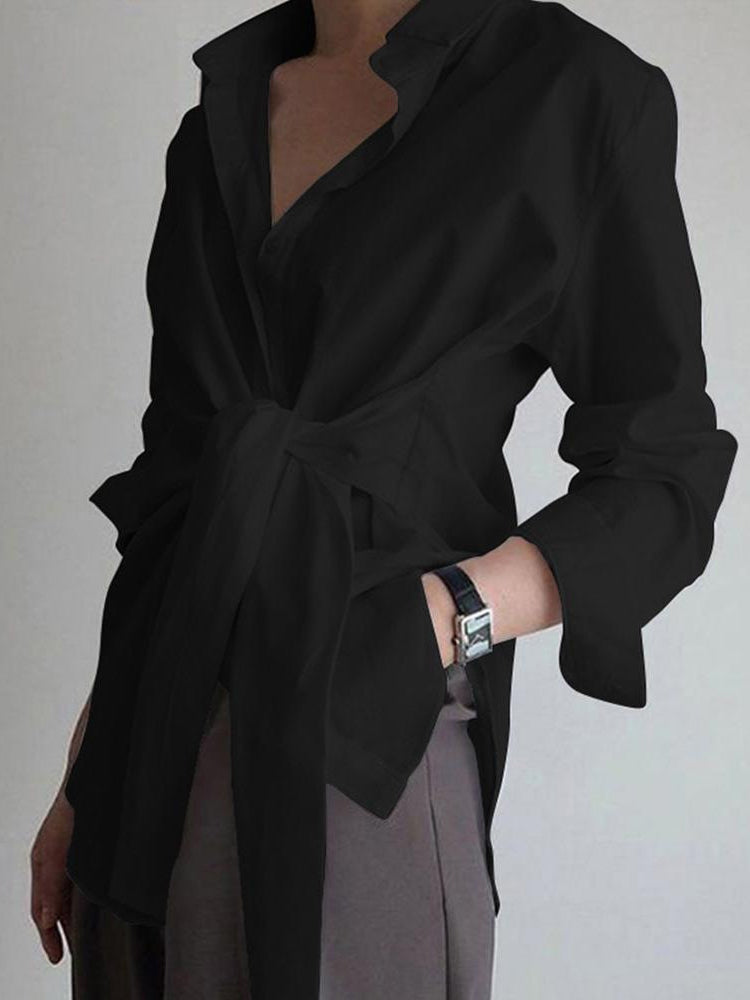 Womens Button-Down Shirt Cotton Long Sleeve Tie Waist