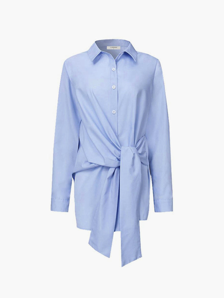 Womens Button-Down Shirt Cotton Long Sleeve Tie Waist