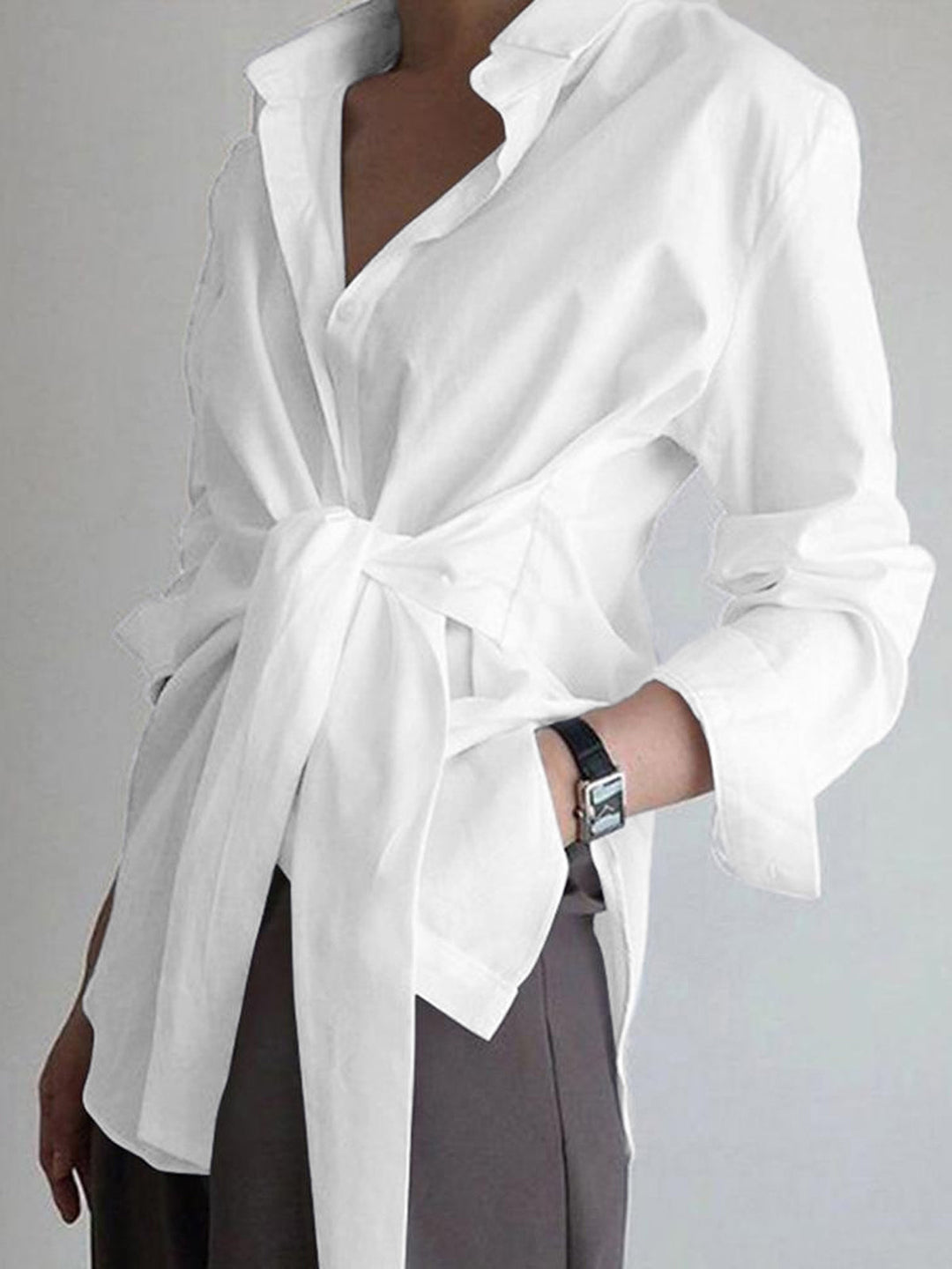 Womens Button-Down Shirt Cotton Long Sleeve Tie Waist - BritishMode