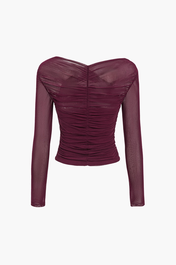 Womens Crop Top Mesh Overlay Ruched Long Sleeve