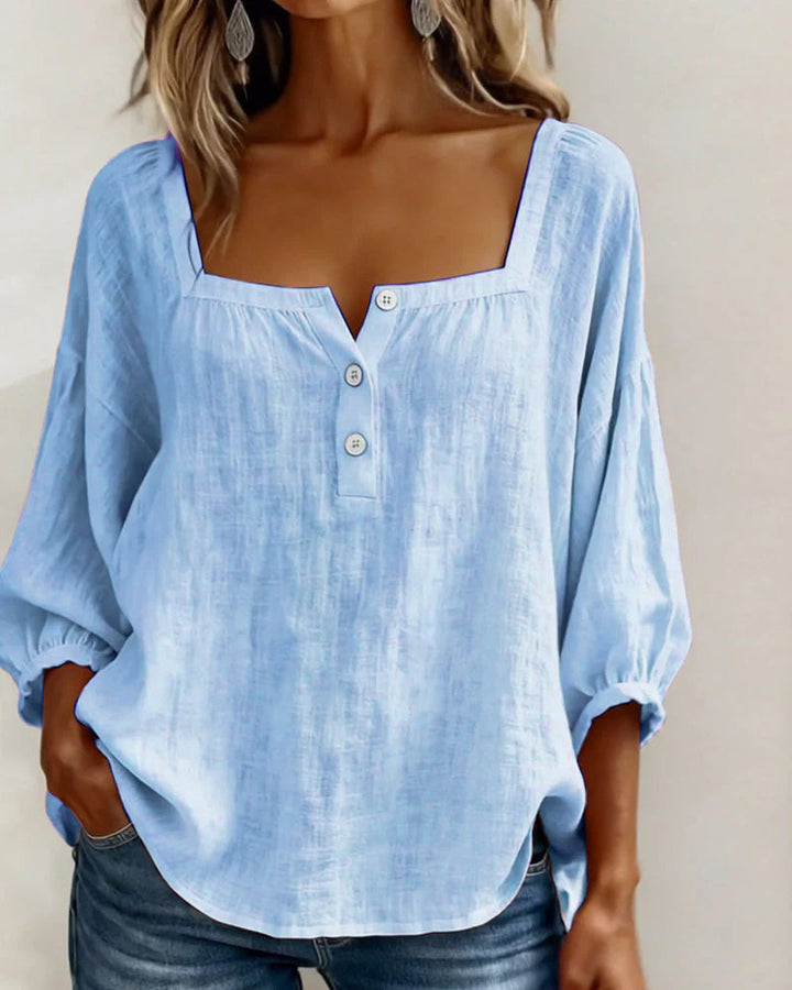 Womens Blouse Square Neck Puff Sleeve Button Front