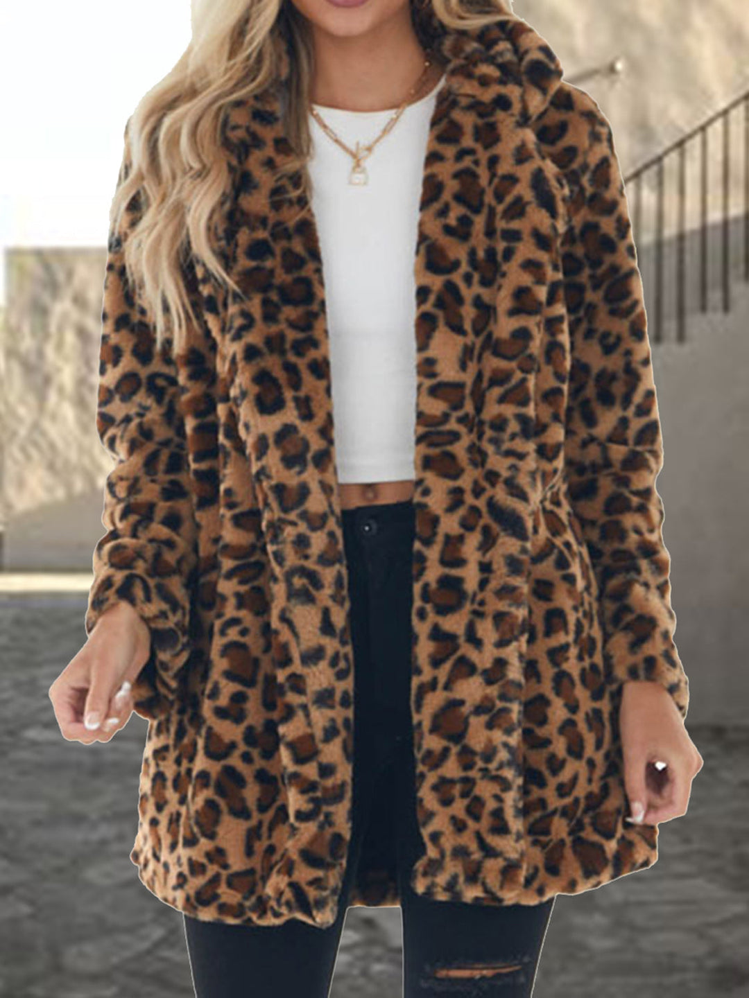 Womens Button Coat with Animal Print and Side Pockets - BritishMode