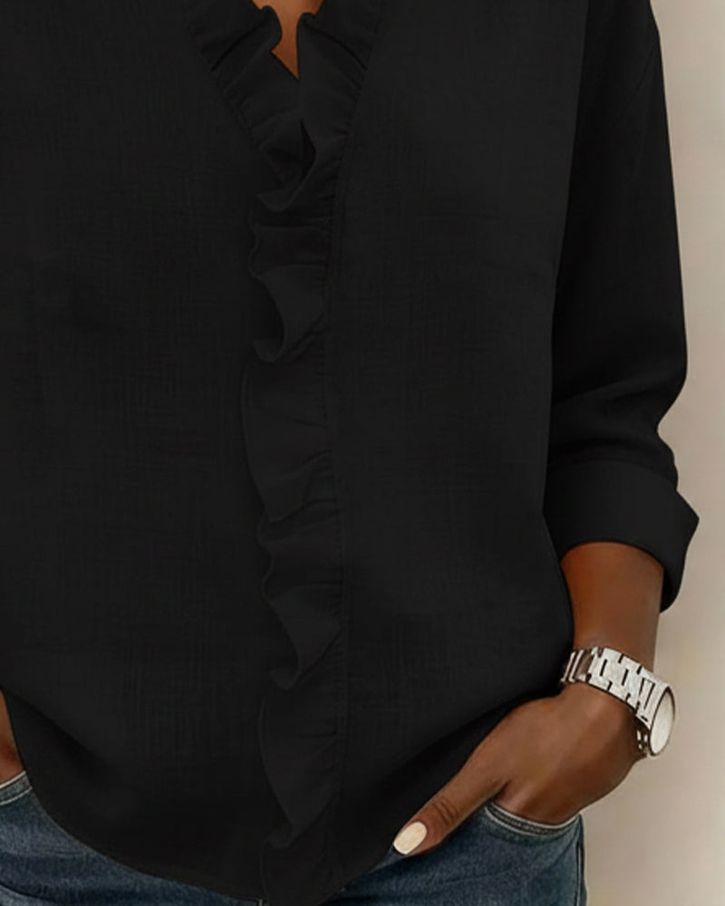 Womens Long Sleeve Blouse with Ruffle V-Neck Relaxed Fit