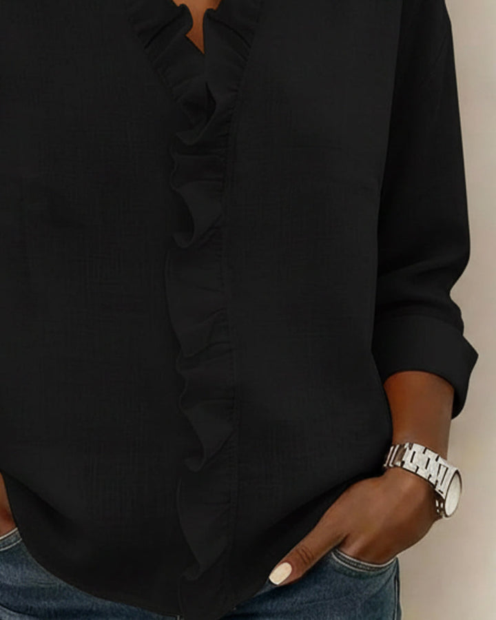 Womens Long Sleeve Blouse with Ruffle V-Neck Relaxed Fit
