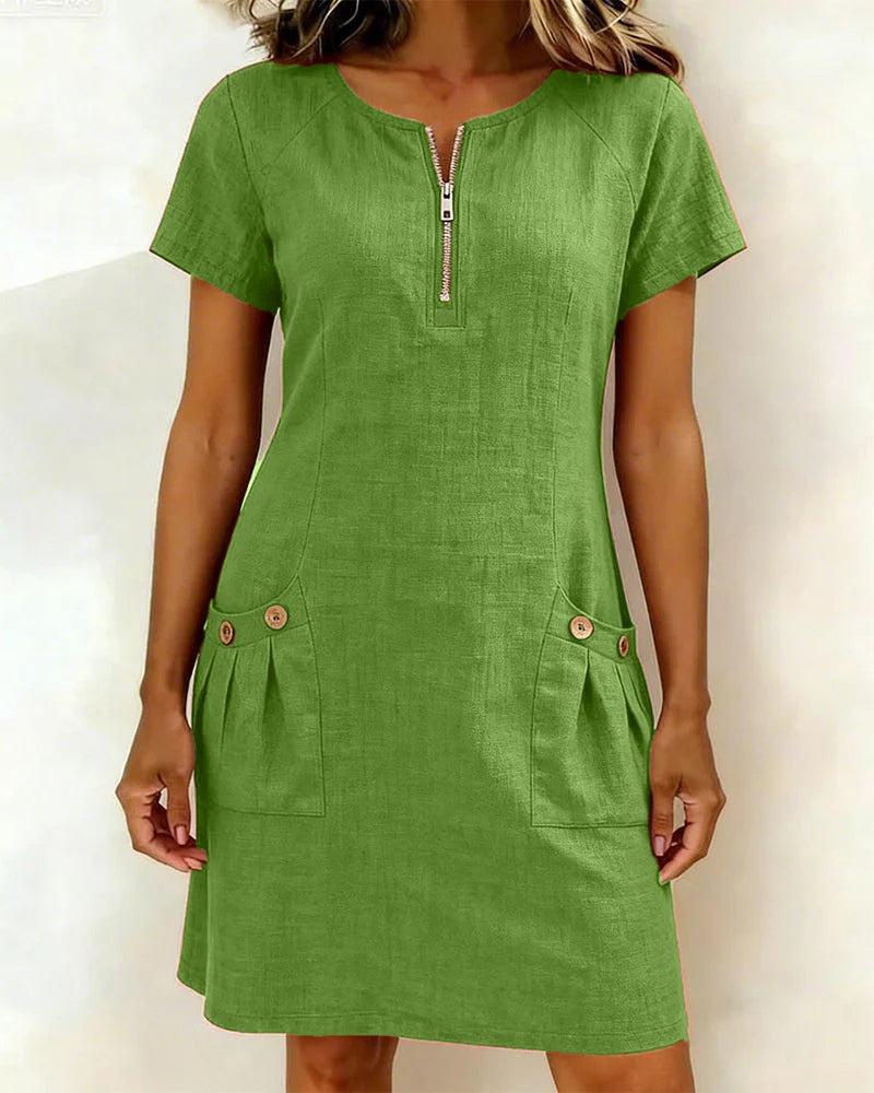 Womens Shift Dress Short Sleeve Zip Neck with Pockets