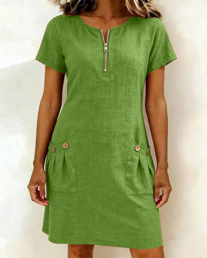 Womens Shift Dress Short Sleeve Zip Neck with Pockets