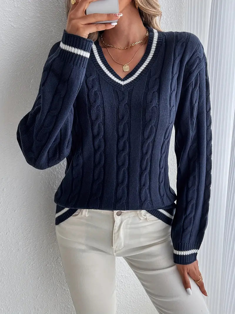 Womens V-Neck Knit Sweater Cozy Warm Fit - BritishMode