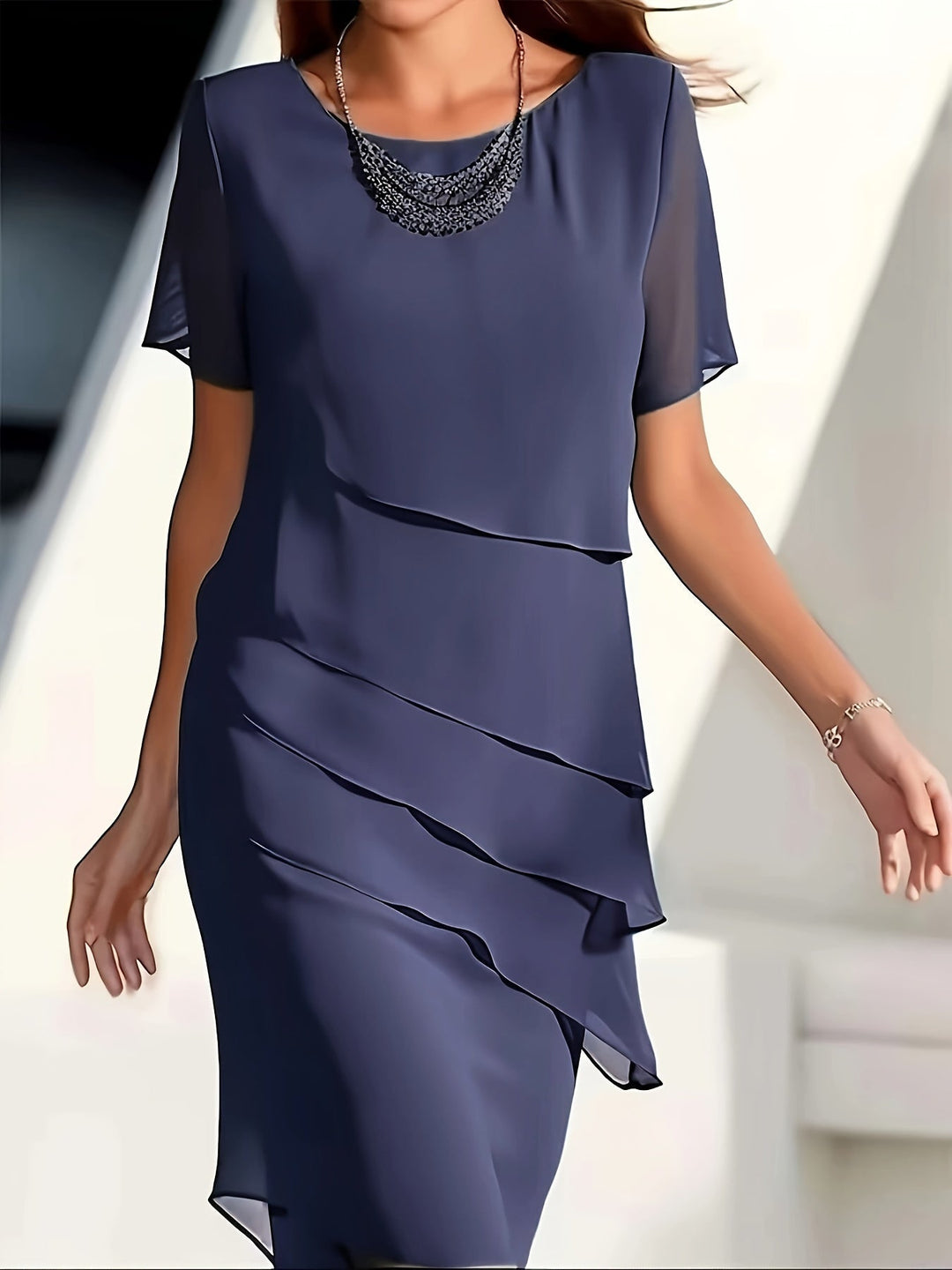 Womens Short Sleeve Dress with Ruffle Trim Classic Style - BritishMode