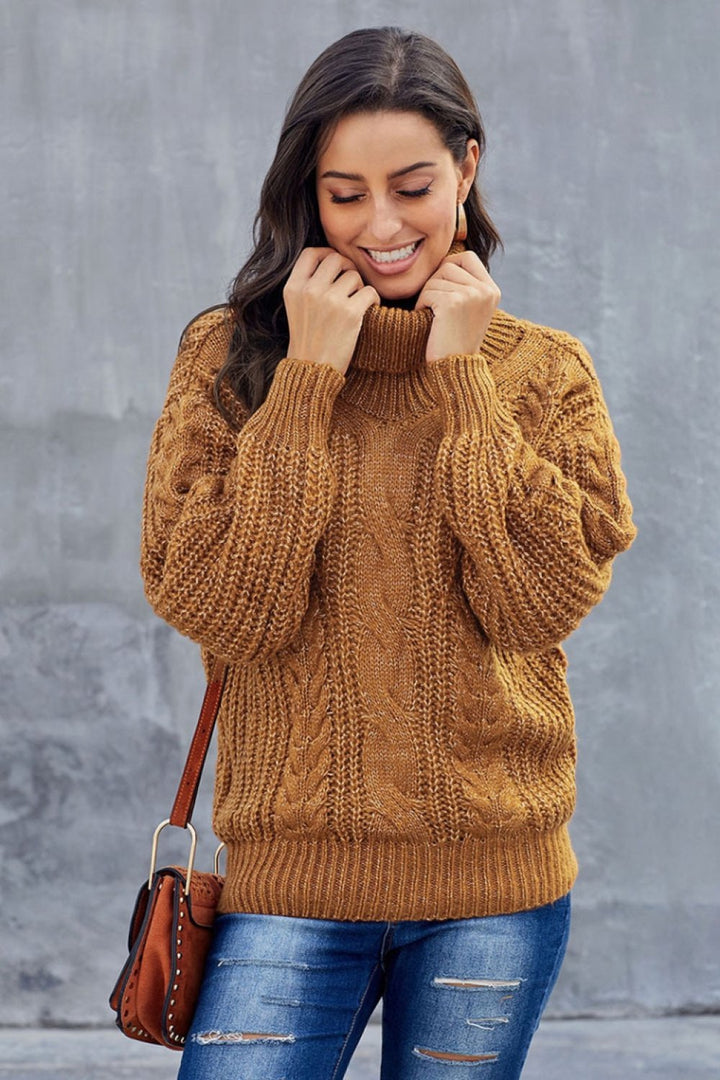 Womens Cable Knit Turtleneck Sweater Winter Warm Fit