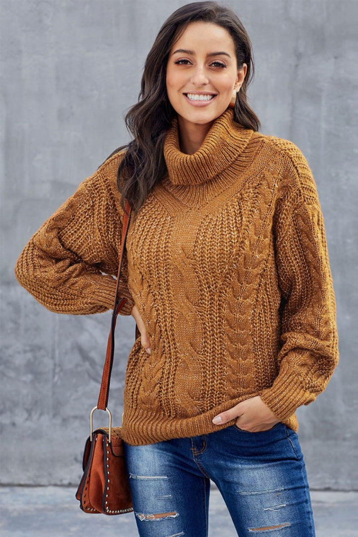 Womens Cable Knit Turtleneck Sweater Winter Warm Fit - BritishMode