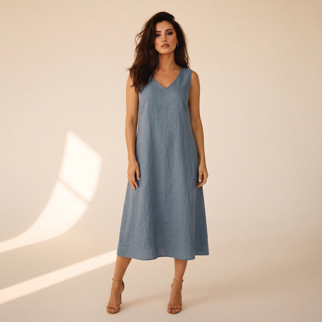 Womens Linen A-Line Midi Dress - BritishMode
