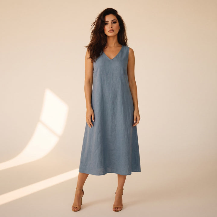 Womens Linen A-Line Midi Dress - BritishMode