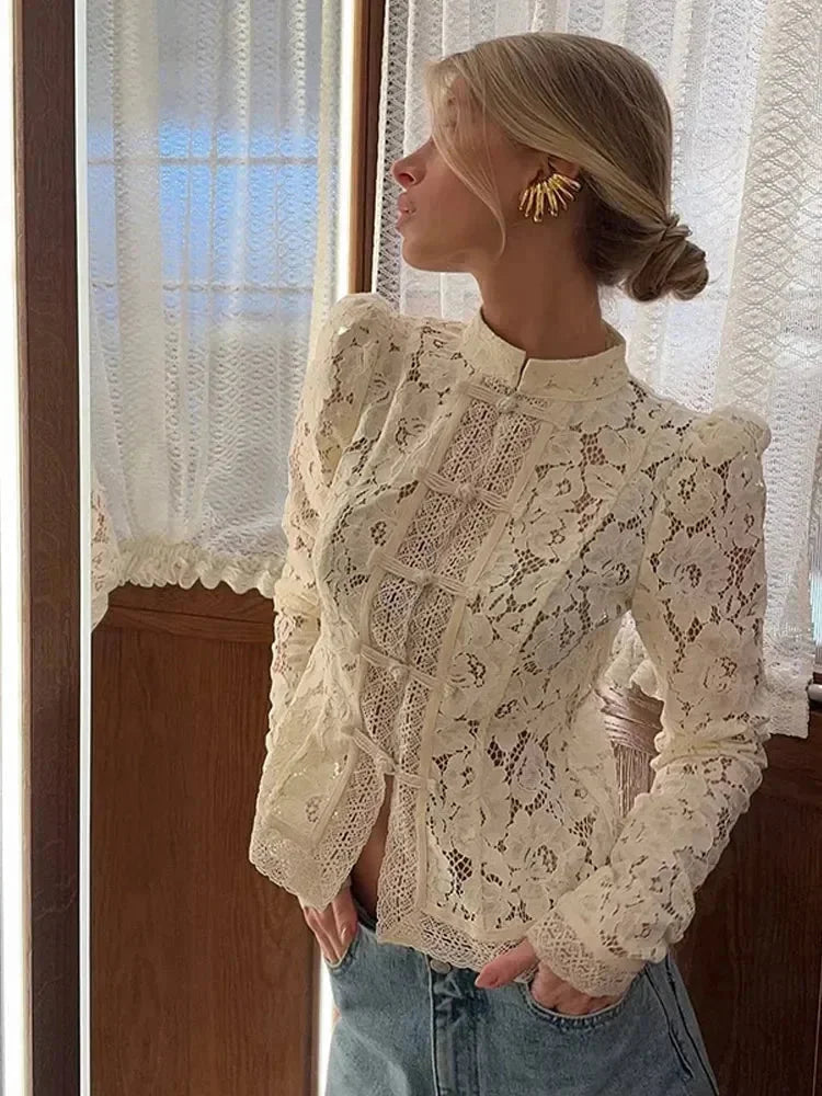 Womens Lace Blouse High Neck Puff Sleeve Button Front - BritishMode