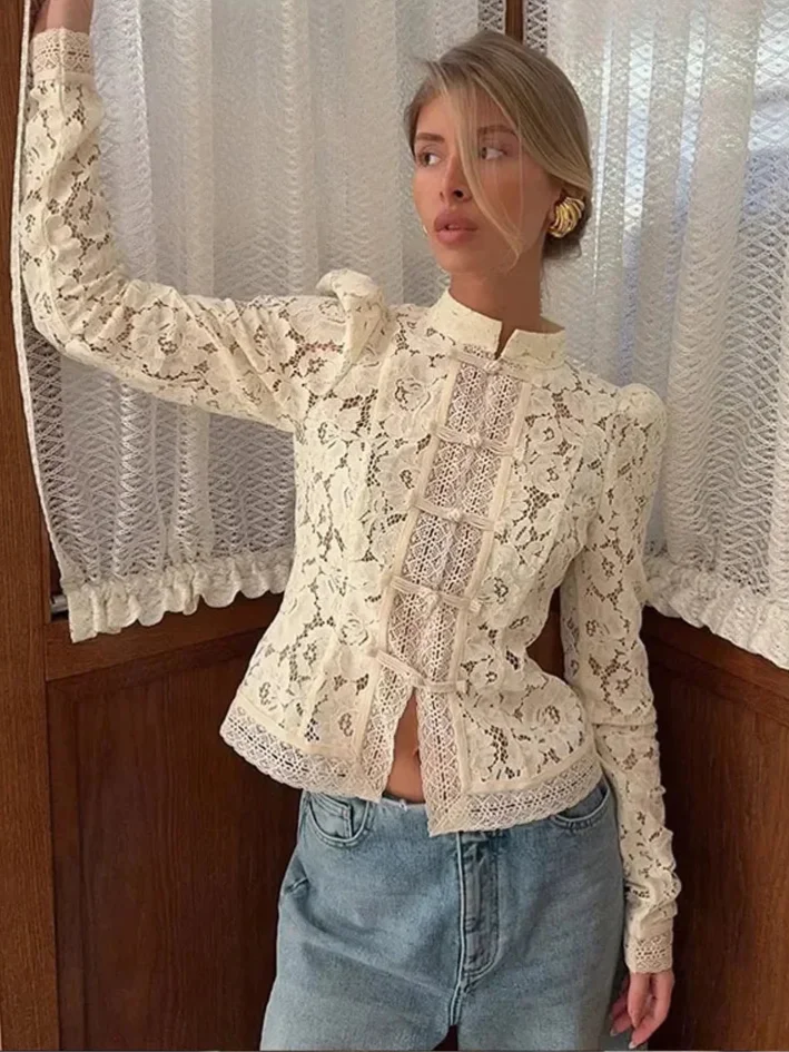 Womens Lace Blouse High Neck Puff Sleeve Button Front