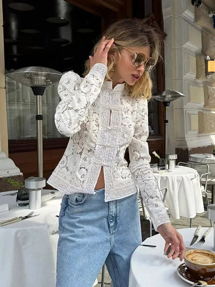 Womens Lace Blouse High Neck Puff Sleeve Button Front