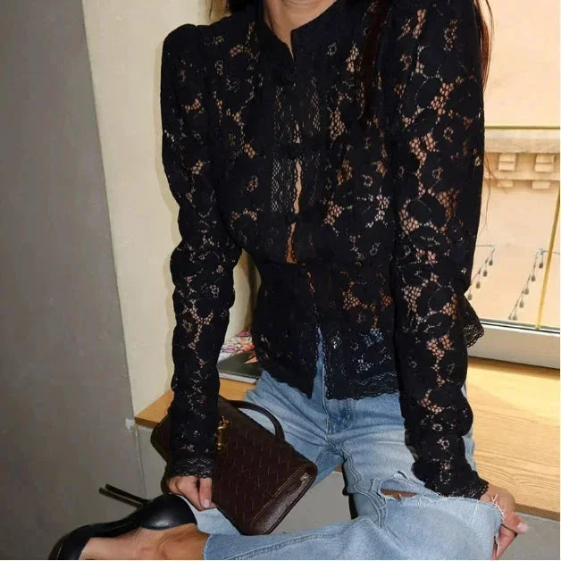 Womens Lace Blouse High Neck Puff Sleeve Button Front