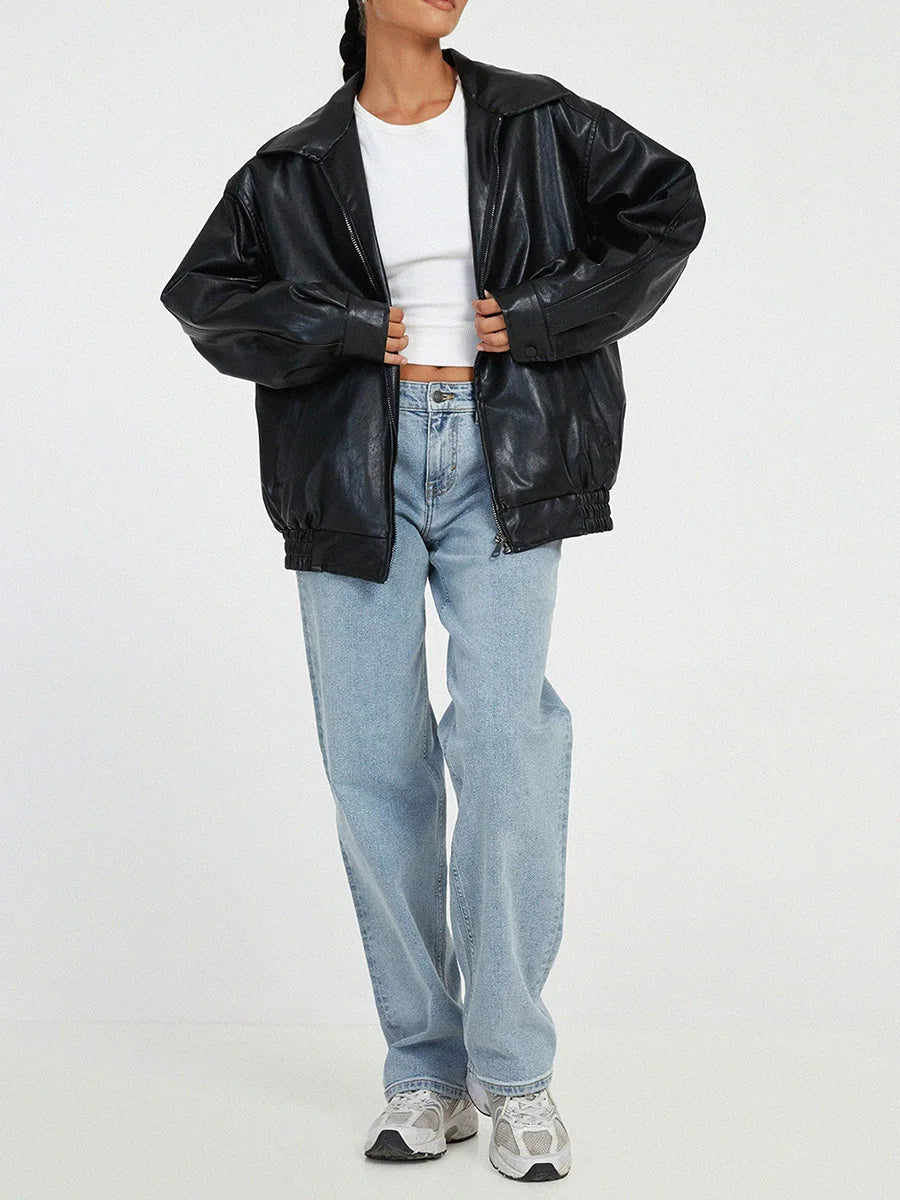 Womens Oversized Leather Bomber Jacket Zipper Front - BritishMode
