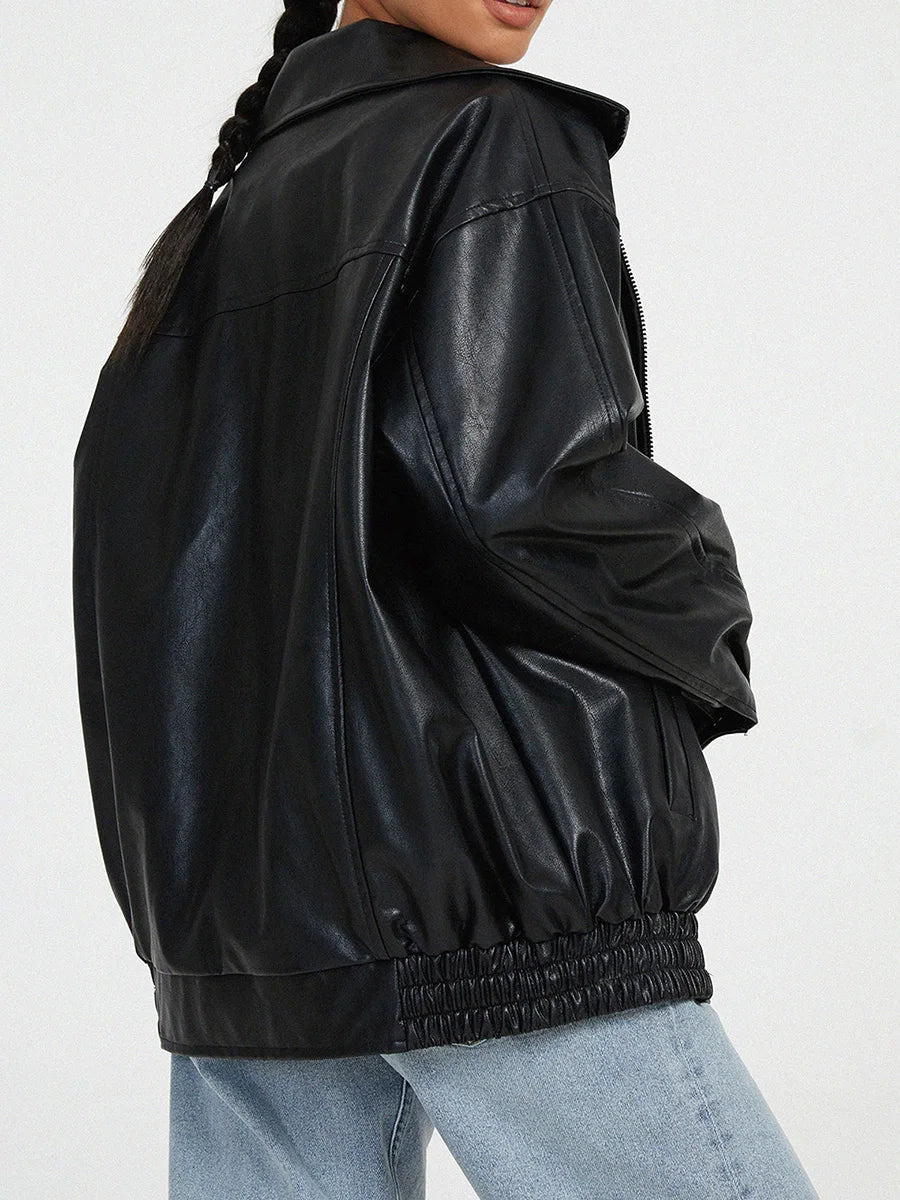 Womens Oversized Leather Bomber Jacket Zipper Front