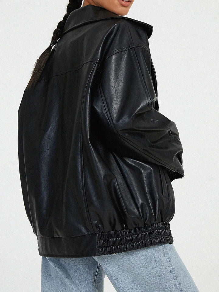 Womens Oversized Leather Bomber Jacket Zipper Front