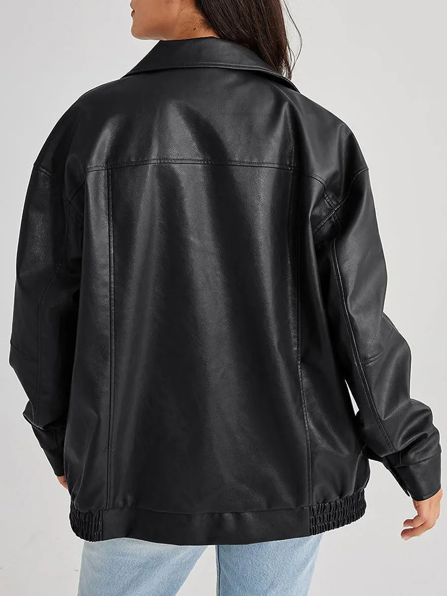 Womens Oversized Leather Bomber Jacket Zipper Front