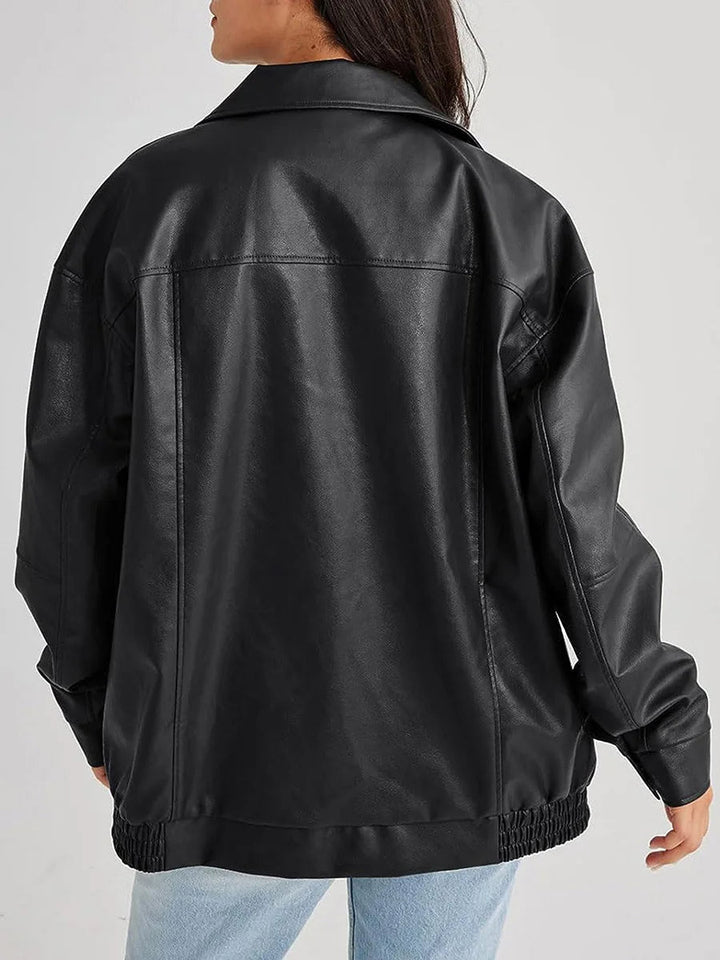 Womens Oversized Leather Bomber Jacket Zipper Front