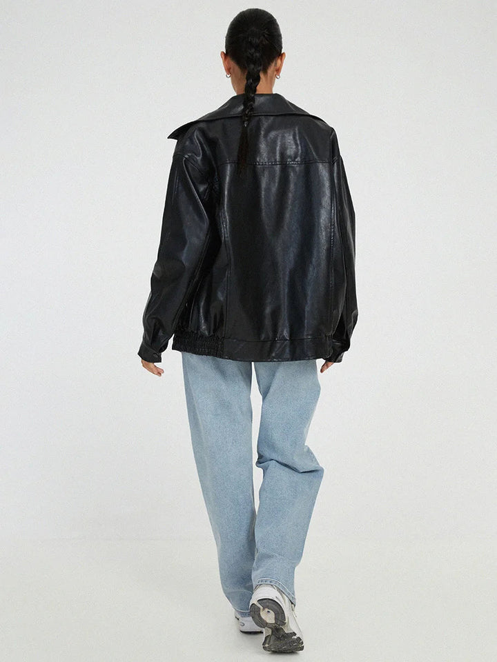 Womens Oversized Leather Bomber Jacket Zipper Front