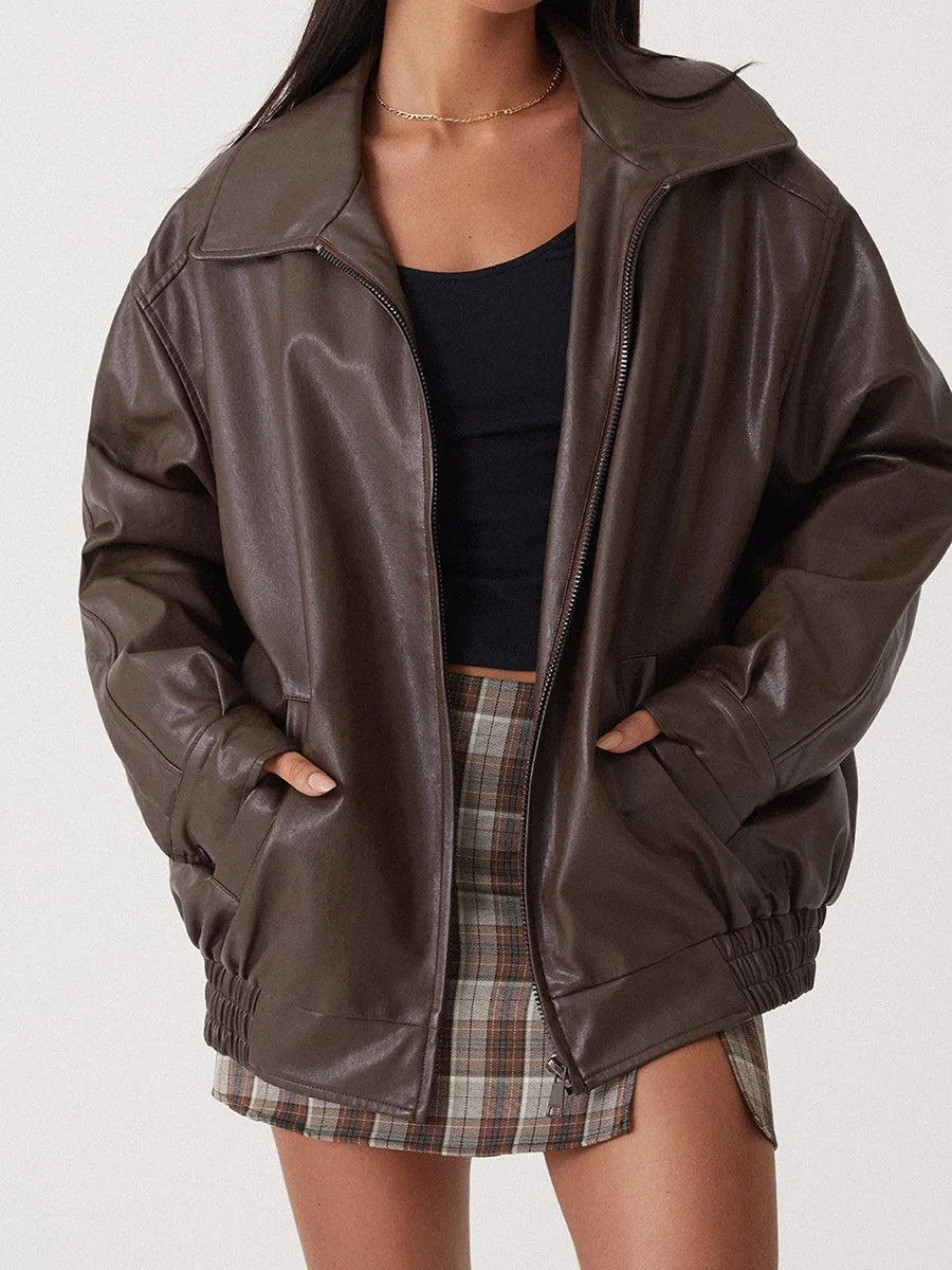 Womens Oversized Leather Bomber Jacket Zipper Front