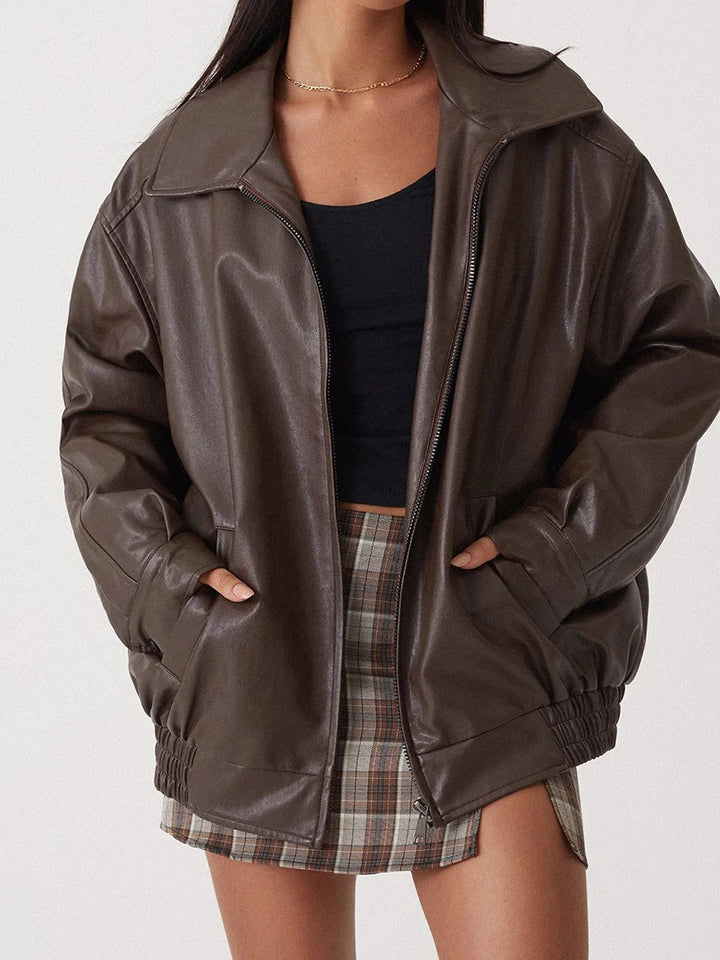 Womens Oversized Leather Bomber Jacket Zipper Front