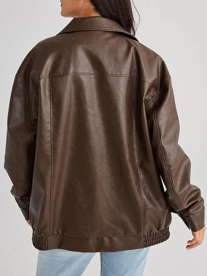 Womens Oversized Leather Bomber Jacket Zipper Front