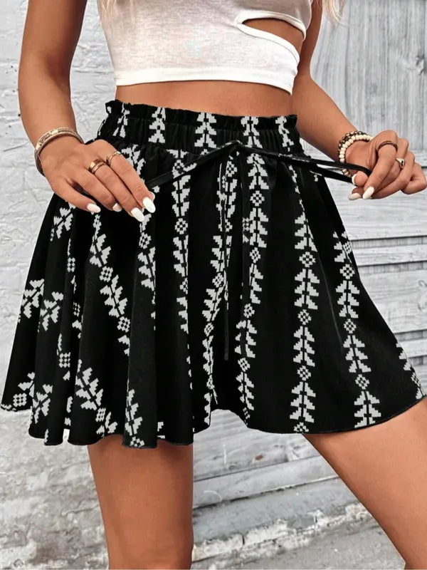 Womens Pleated Skirt with Printed Pattern and Tie Waist - BritishMode