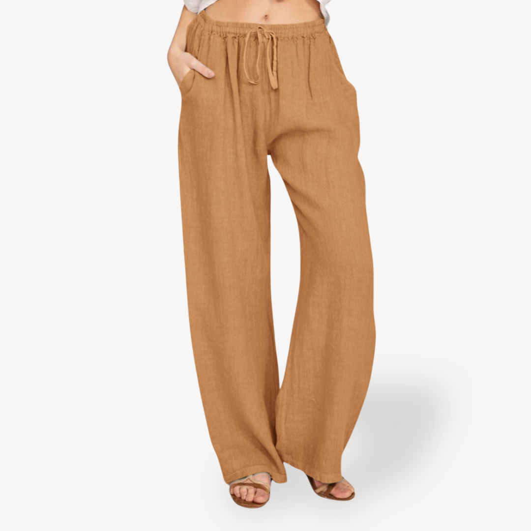 Womens Linen Wide-Leg Pants Drawstring Relaxed Fit
