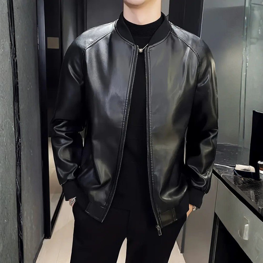 Mens Leather Jacket Casual Baseball Collar