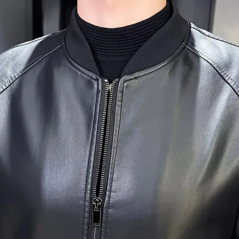 Mens Leather Jacket Casual Baseball Collar