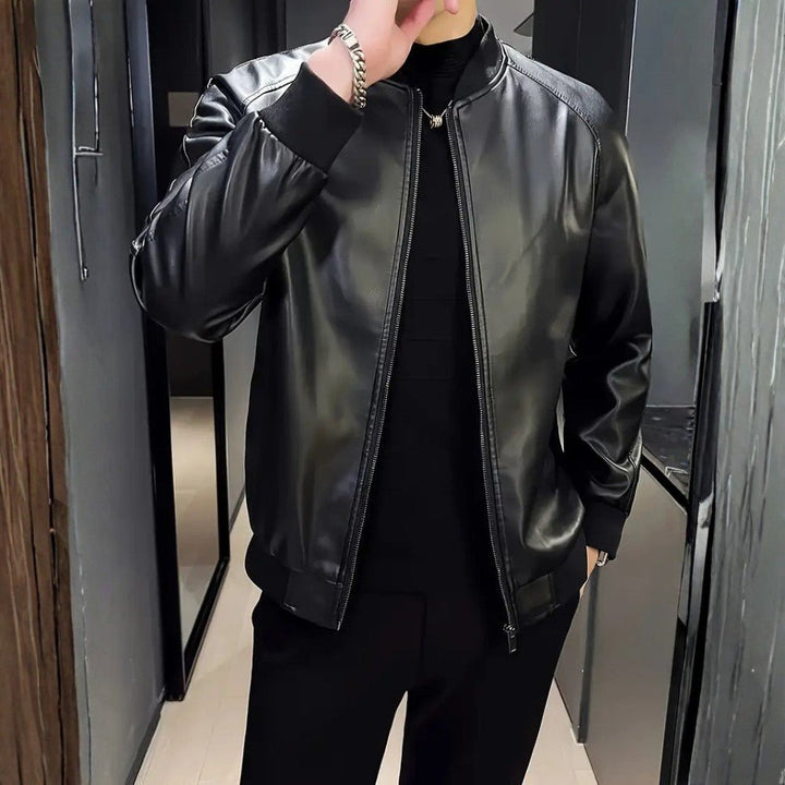 Mens Leather Jacket Casual Baseball Collar