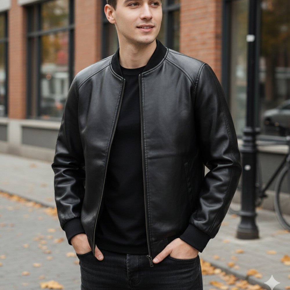 Mens Leather Jacket Casual Baseball Collar - BritishMode