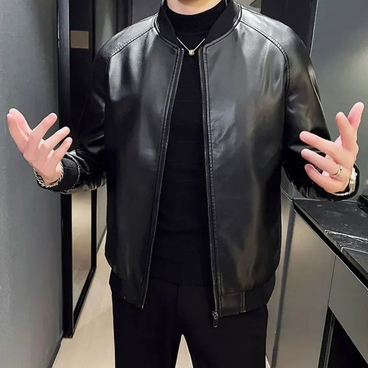 Mens Leather Jacket Casual Baseball Collar
