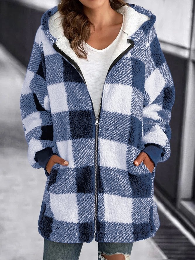 Unisex Fleece Jacket with Plaid Hood Zipper Closure Oversized Fit - BritishMode