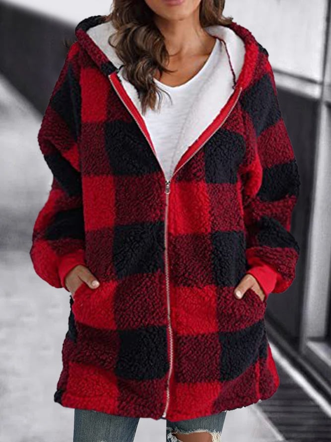 Unisex Fleece Jacket with Plaid Hood Zipper Closure Oversized Fit