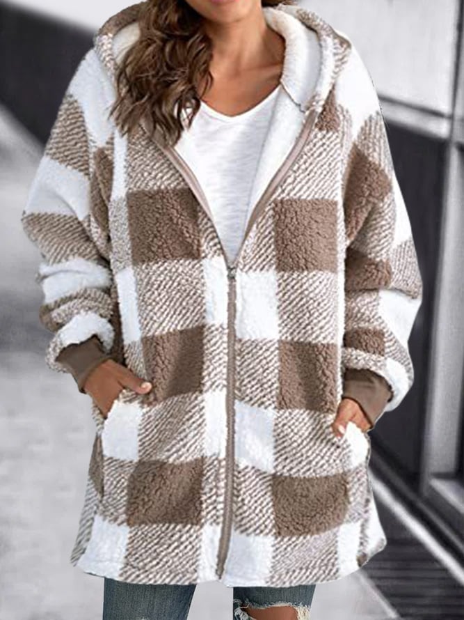 Unisex Fleece Jacket with Plaid Hood Zipper Closure Oversized Fit