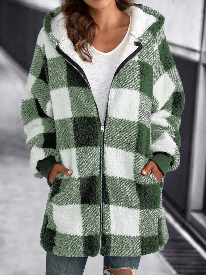 Unisex Fleece Jacket with Plaid Hood Zipper Closure Oversized Fit
