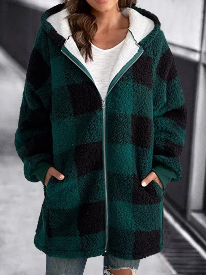 Unisex Fleece Jacket with Plaid Hood Zipper Closure Oversized Fit